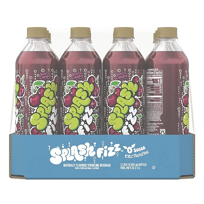 Splash Fizz, Black Cherry Flavored Sparkling Water, Zero Sugar, with Electrolytes, 20 Fl Oz, 12 Pack