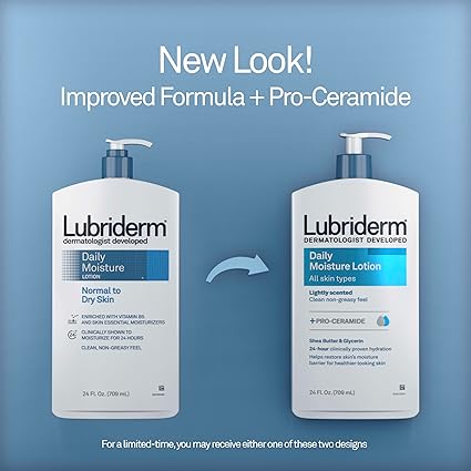 Lubriderm Daily Moisture Lotion + Pro-Ceramide with Shea Butter and Glycerin Helps Moisturize Dry Skin, Hydrating Face, Hand and Body Lotion, Lightly Scented, Non-Greasy, 24 FL OZ