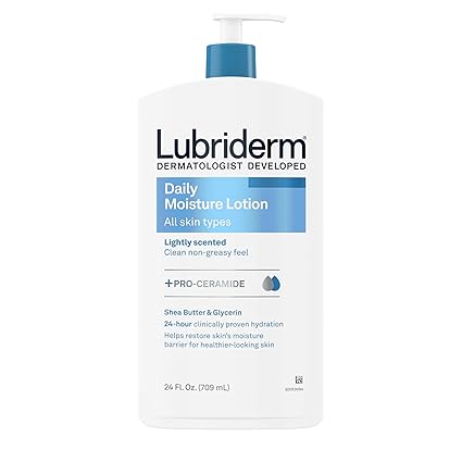 Lubriderm Daily Moisture Lotion + Pro-Ceramide with Shea Butter and Glycerin Helps Moisturize Dry Skin, Hydrating Face, Hand and Body Lotion, Lightly Scented, Non-Greasy, 24 FL OZ